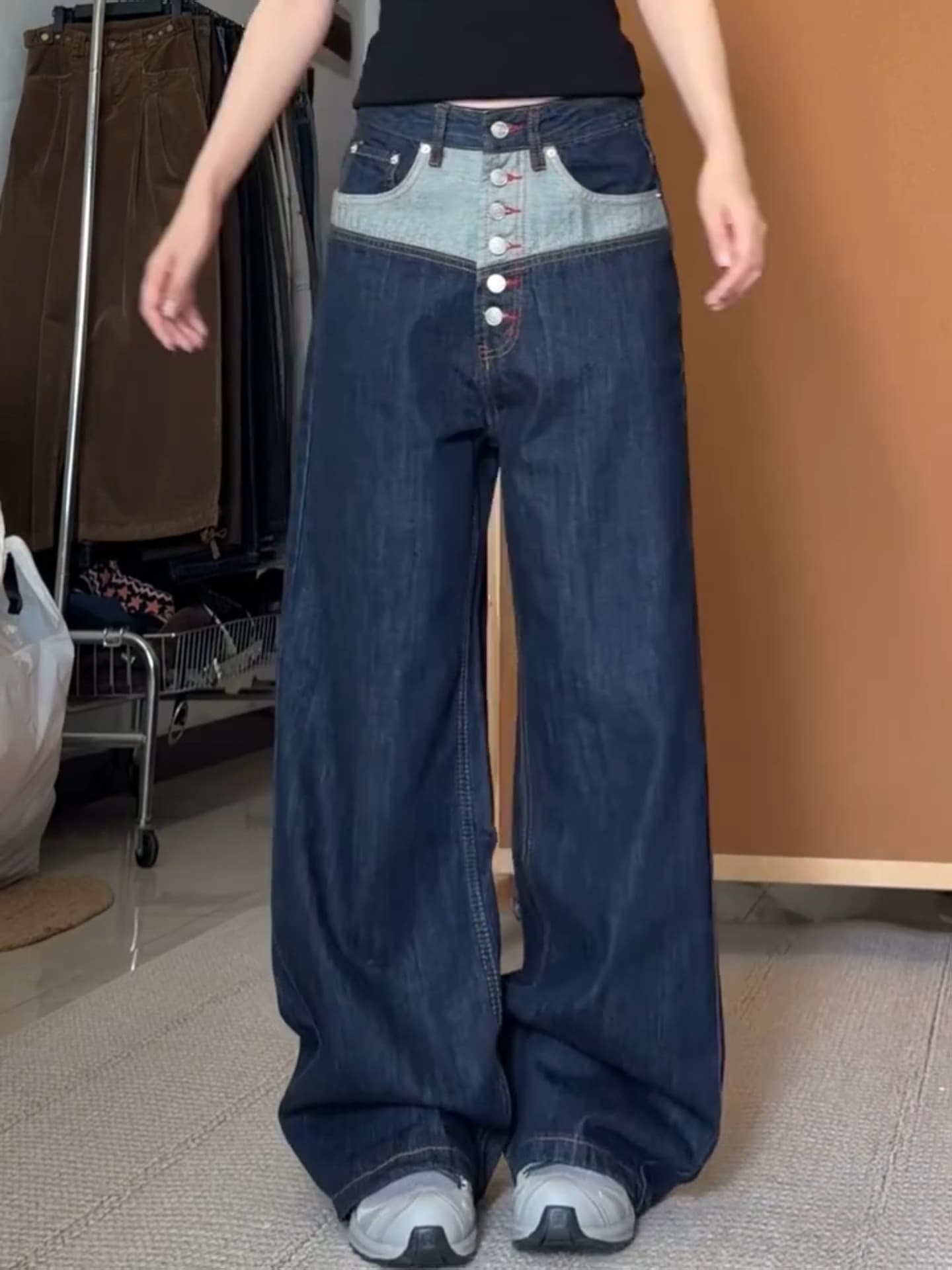 아메리칸 레트로 패치워크 빨간색 가장자리 단추 청바지 남녀 봄 여름 높음 거리 디자인 센스 루즈핏 스트레이트 캐주얼 긴 바지 상세 이미지 1