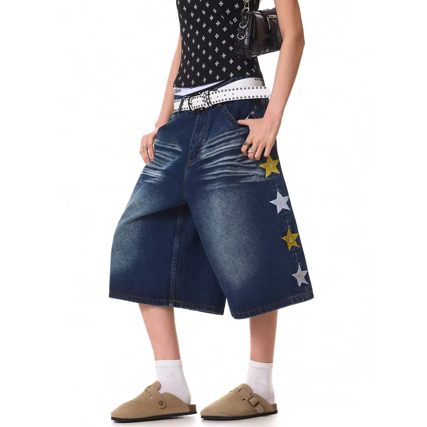 별 자수 데님 반바지 7부 바지 ootd2026 여름 바지 루즈핏 워싱 넓은 다리가 짧다. 바지 아이들 이미지 4