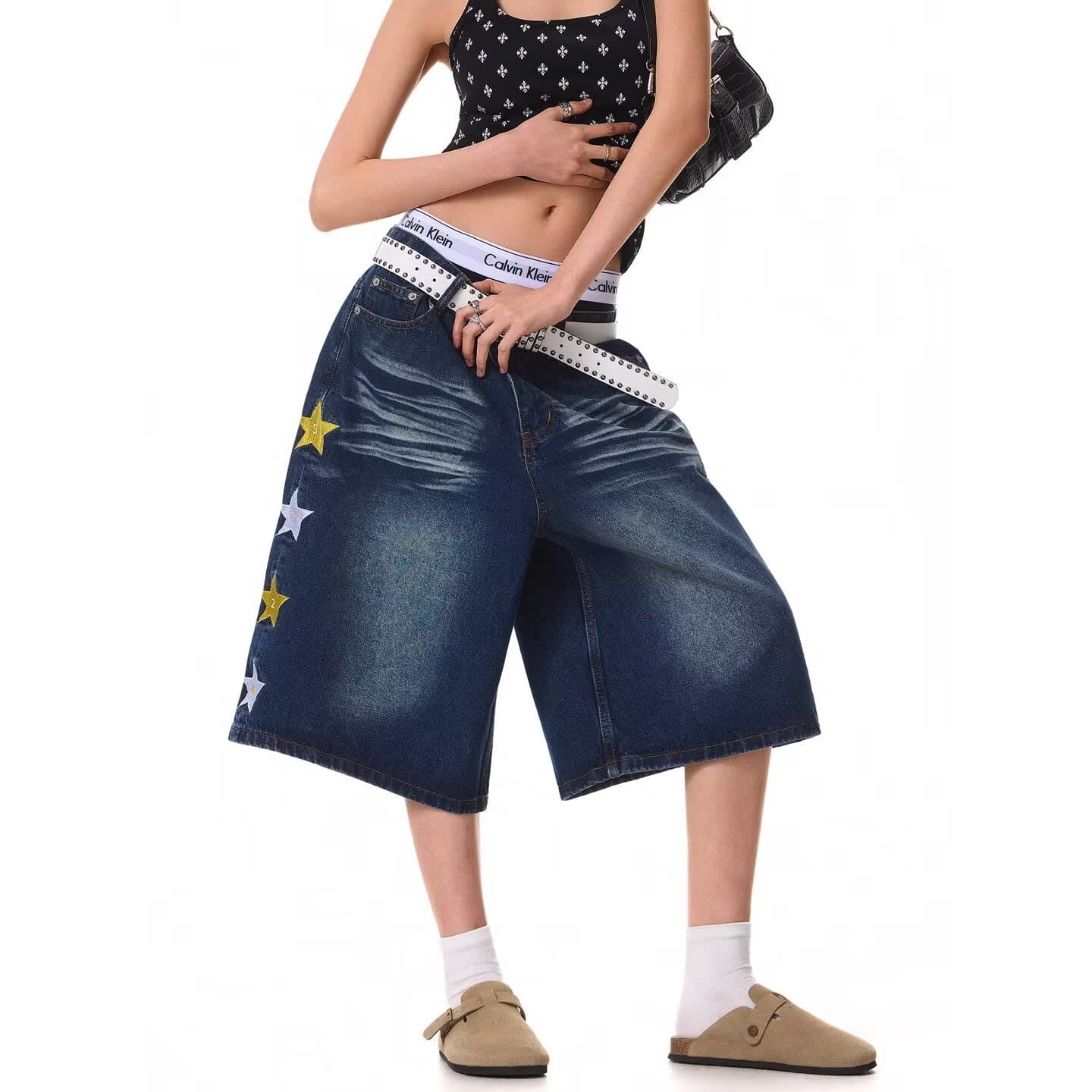 별 자수 데님 반바지 7부 바지 ootd2026 여름 바지 루즈핏 워싱 넓은 다리가 짧다. 바지 아이들 상세 이미지 3
