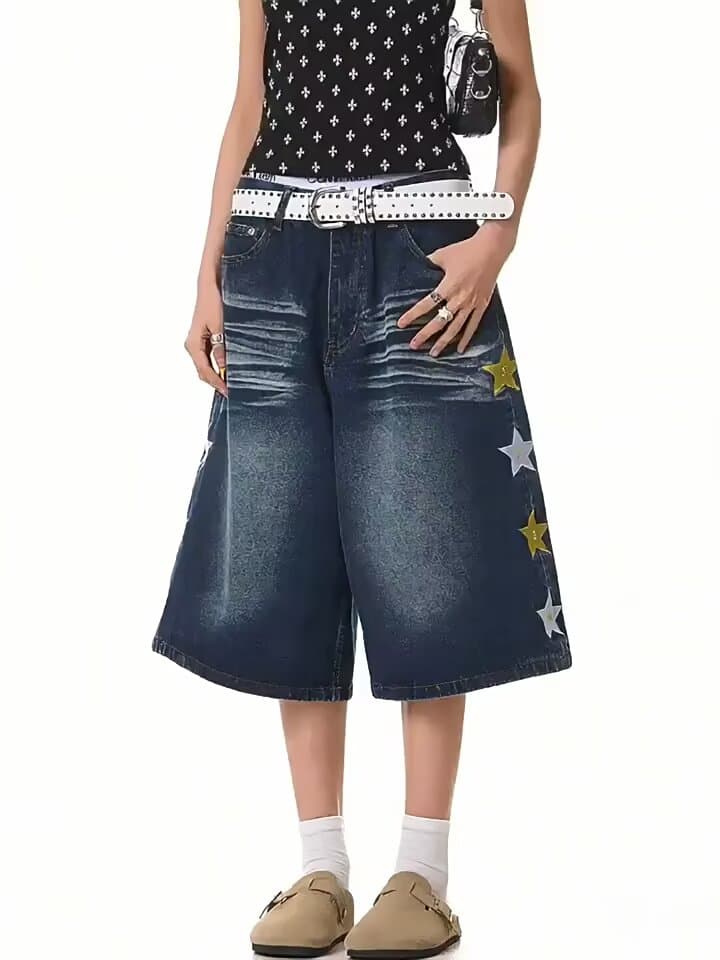 별 자수 데님 반바지 7부 바지 ootd2026 여름 바지 루즈핏 워싱 넓은 다리가 짧다. 바지 아이들 상세 이미지 9