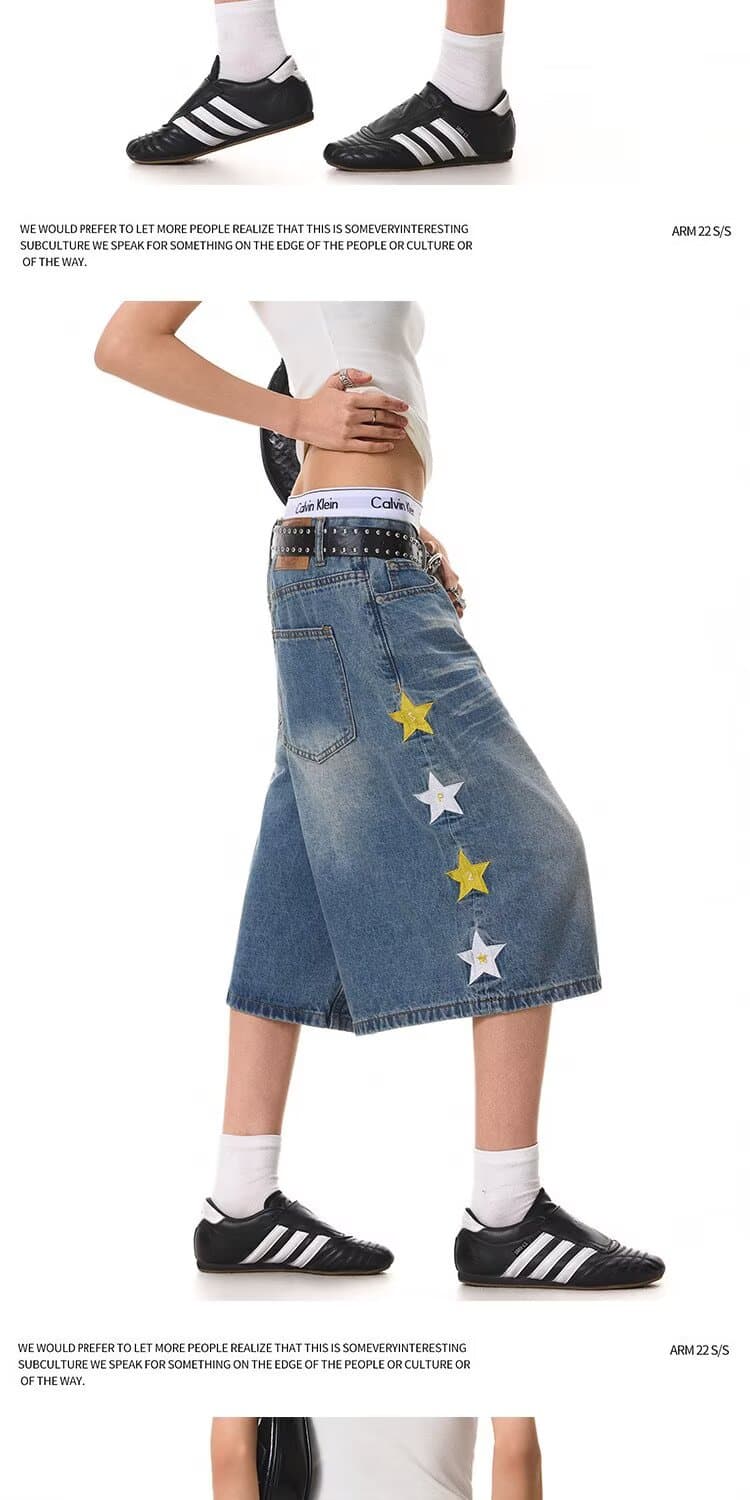 별 자수 데님 반바지 7부 바지 ootd2026 여름 바지 루즈핏 워싱 넓은 다리가 짧다. 바지 아이들 상세 이미지 17