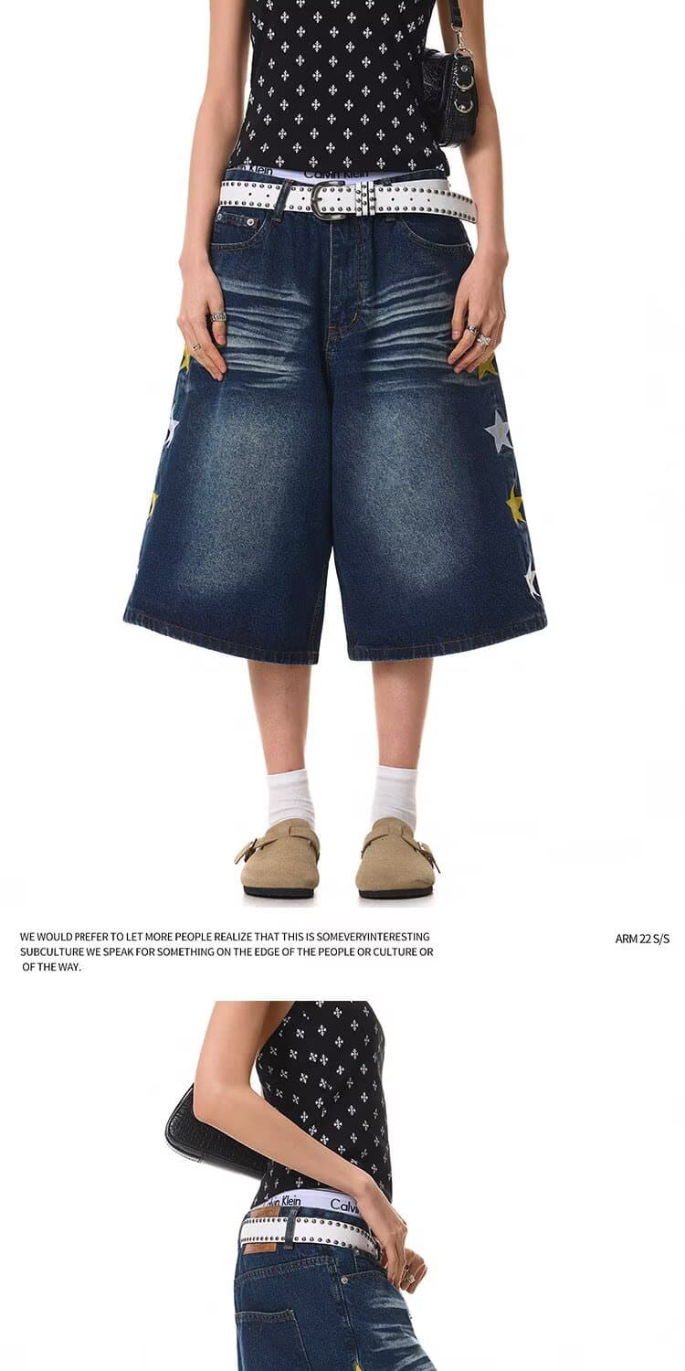 별 자수 데님 반바지 7부 바지 ootd2026 여름 바지 루즈핏 워싱 넓은 다리가 짧다. 바지 아이들 상세 이미지 21