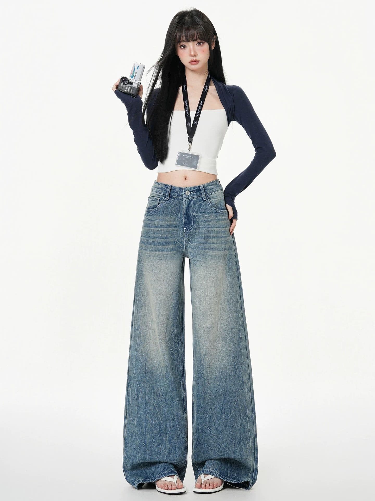 아메리칸 무거운 작업 꽃꽂이 넓은 다리 청바지 여성 2026 여름 새로운 하이웨이스트 번개 곡물 자수 표준 작은 대중 바닥 청소 바지 상세 이미지 5