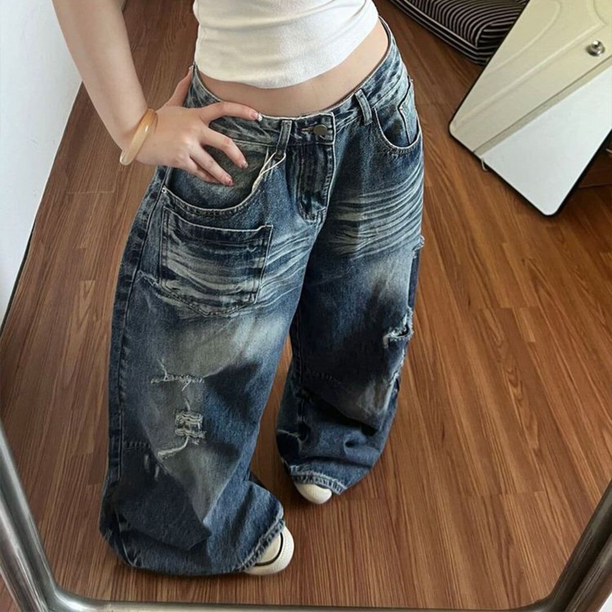 아메리칸 루즈핏 느긋한 느슨함 센스 청바지 아이들 여름 새로운 핫걸 마 오래된 워싱 찢어진 부분 바닥 청소 긴 바지 상세 이미지 5