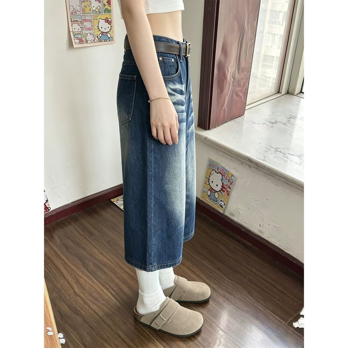 원본 품질 루즈핏 익스트림 트렌디 프로필 모양 워싱 마 오래된 7 점 데님 반바지 여성 여름 높음 거리 넓은 다리 바지 이미지 3