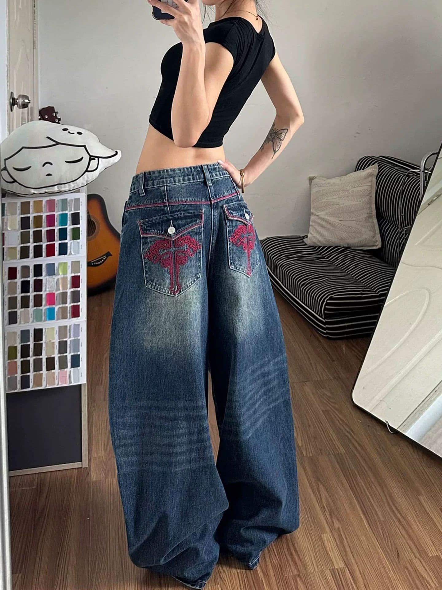아메리칸 레트로 빨간색 로프 자수 청바지 남녀 거리 워싱 디자인 모통이 칼 긴 바지 상세 이미지 1