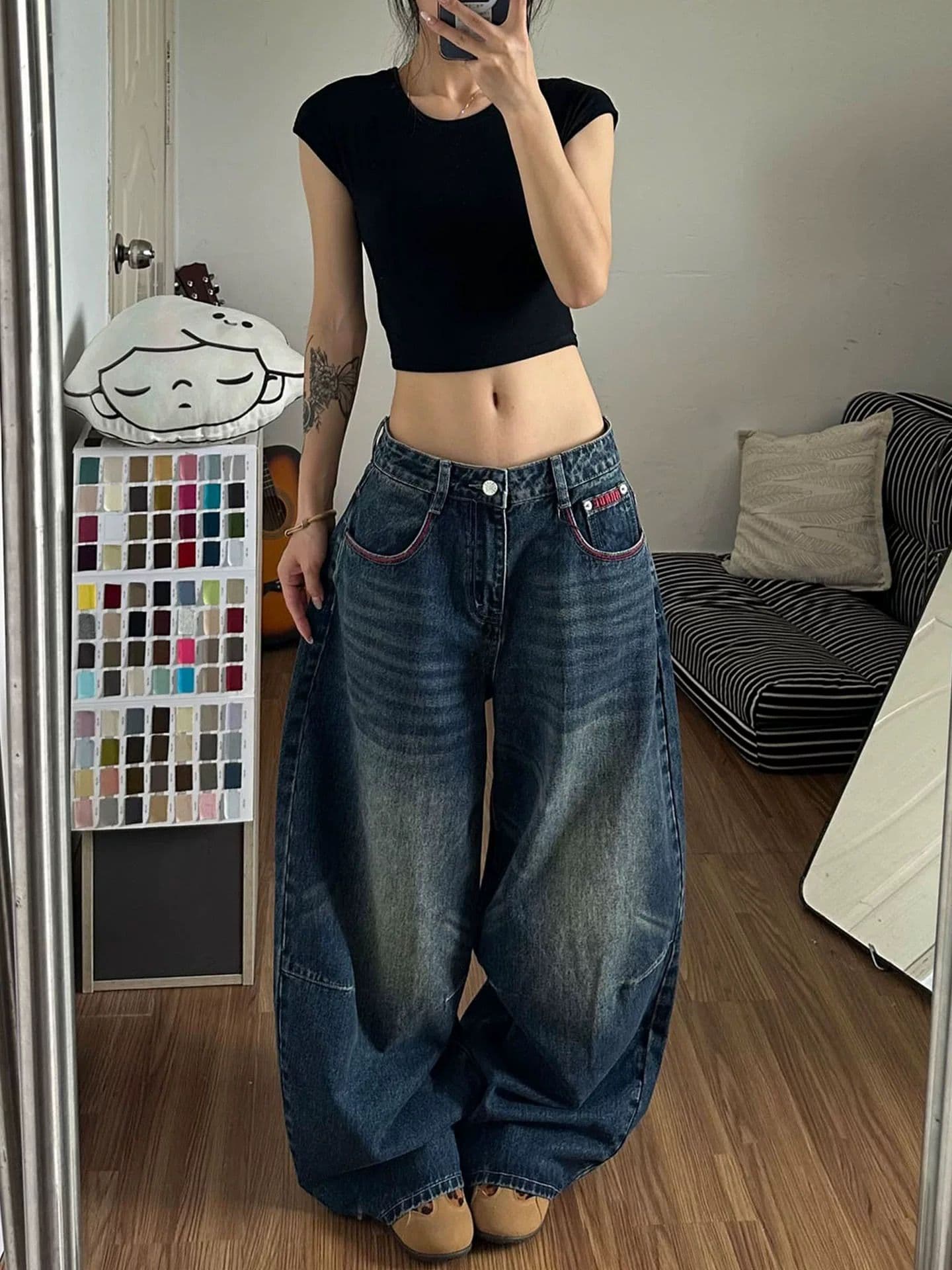 아메리칸 레트로 빨간색 로프 자수 청바지 남녀 거리 워싱 디자인 모통이 칼 긴 바지 상세 이미지 2