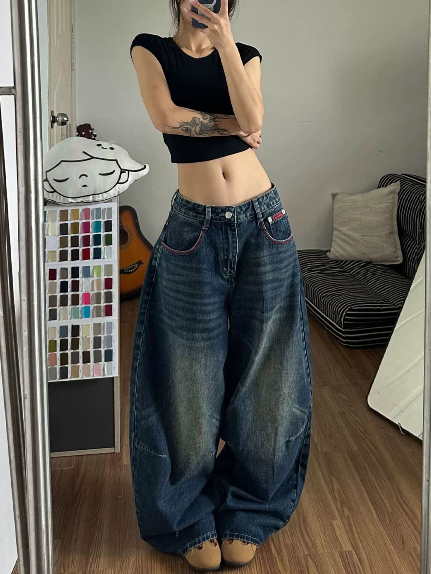 아메리칸 레트로 빨간색 로프 자수 청바지 남녀 거리 워싱 디자인 모통이 칼 긴 바지 상세 이미지 3
