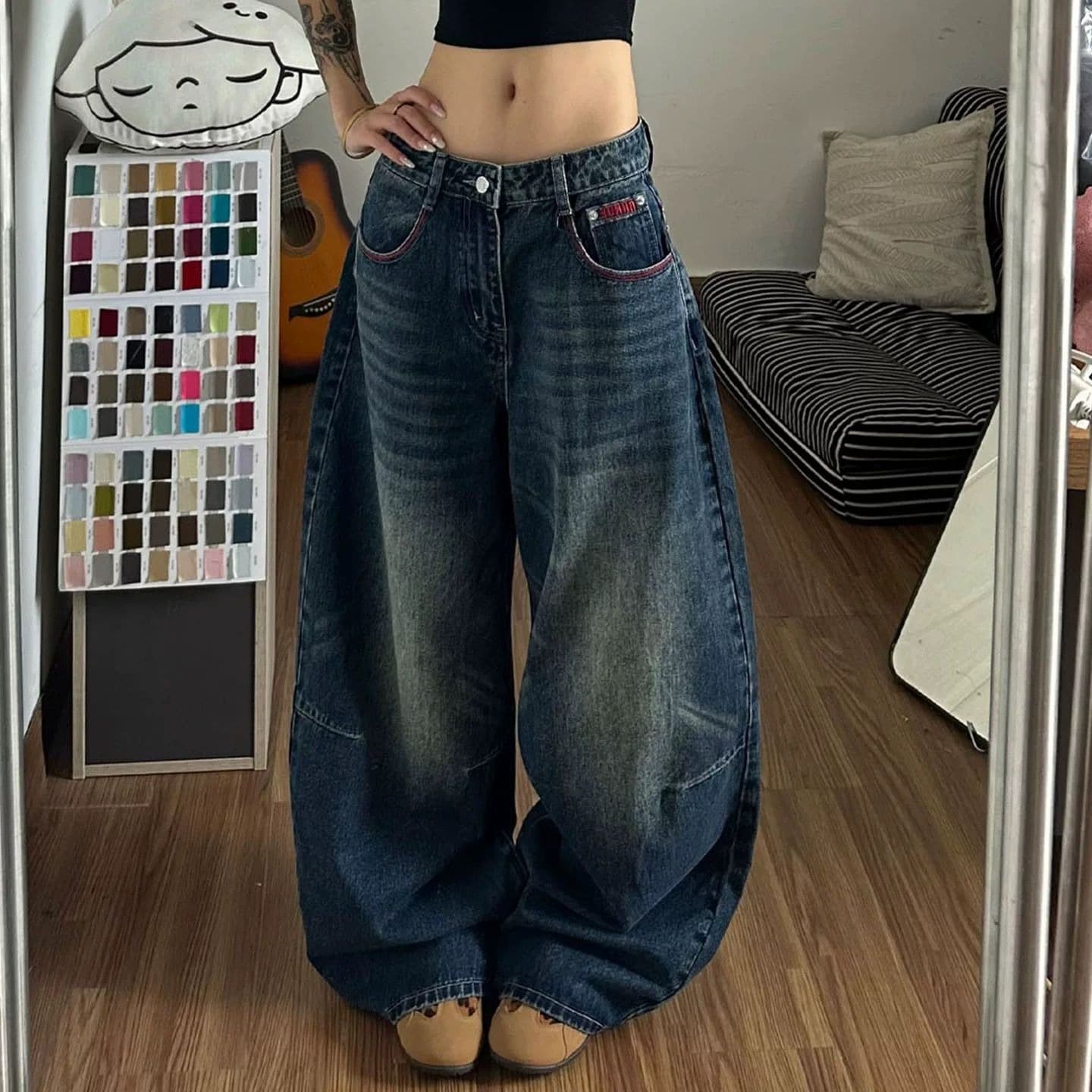 아메리칸 레트로 빨간색 로프 자수 청바지 남녀 거리 워싱 디자인 모통이 칼 긴 바지 상세 이미지 5