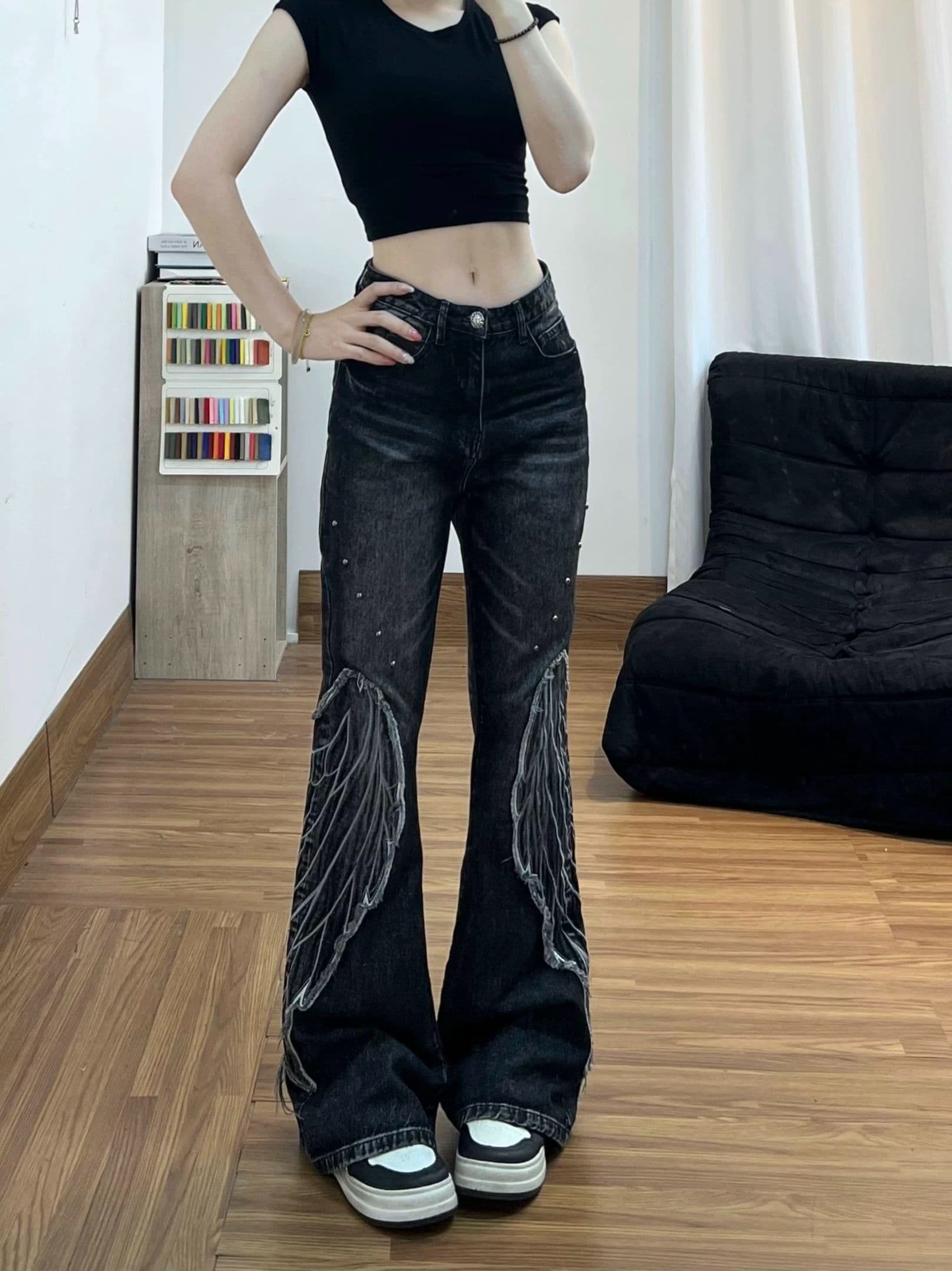 아메리칸 레트로 마 오래된 날개 패치 부츠컷 청바지 여성 여름 펑크 아시아 인 바지 몸매 가꾸기 나팔 바지 긴 바지