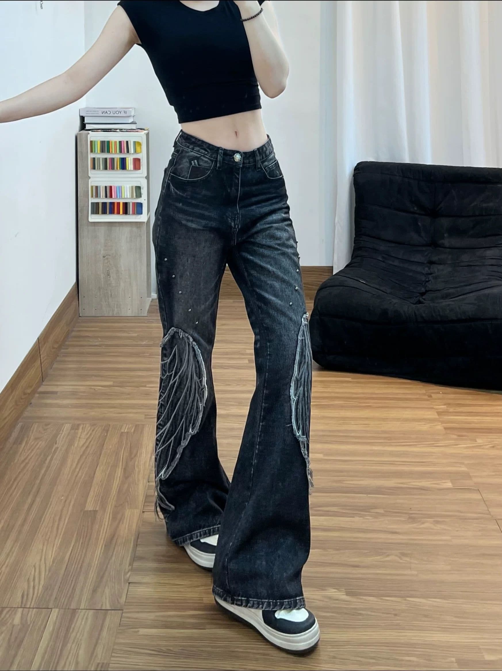 아메리칸 레트로 마 오래된 날개 패치 부츠컷 청바지 여성 여름 펑크 아시아 인 바지 몸매 가꾸기 나팔 바지 긴 바지 이미지 3