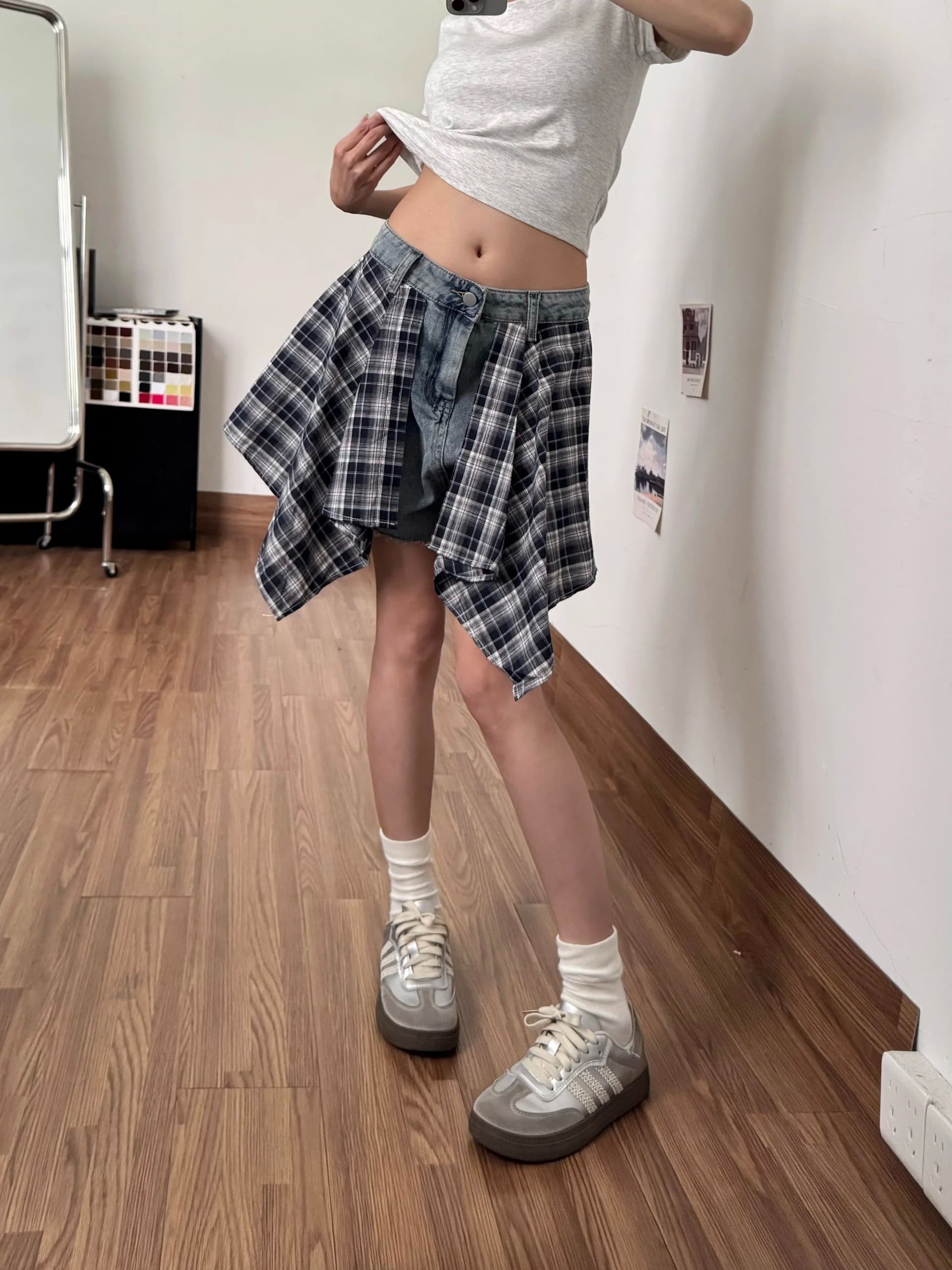 아메리칸 체크무늬 페이크 레이어드 패치워크 데님 반바지 여성 2026 여름 불규칙 치마바지 이미지 2
