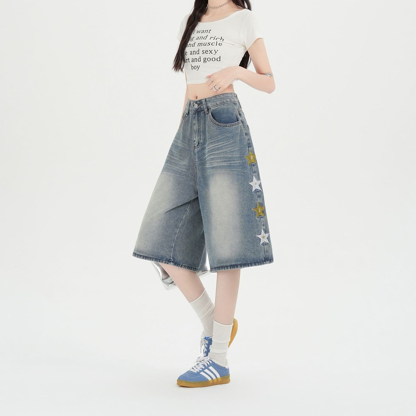 실사 정가 아메리칸 별 자수 워싱 데님 7부 바지 여성 여름 캐주얼 바지 넓은 다리가 짧다. 바지 상세 이미지 2