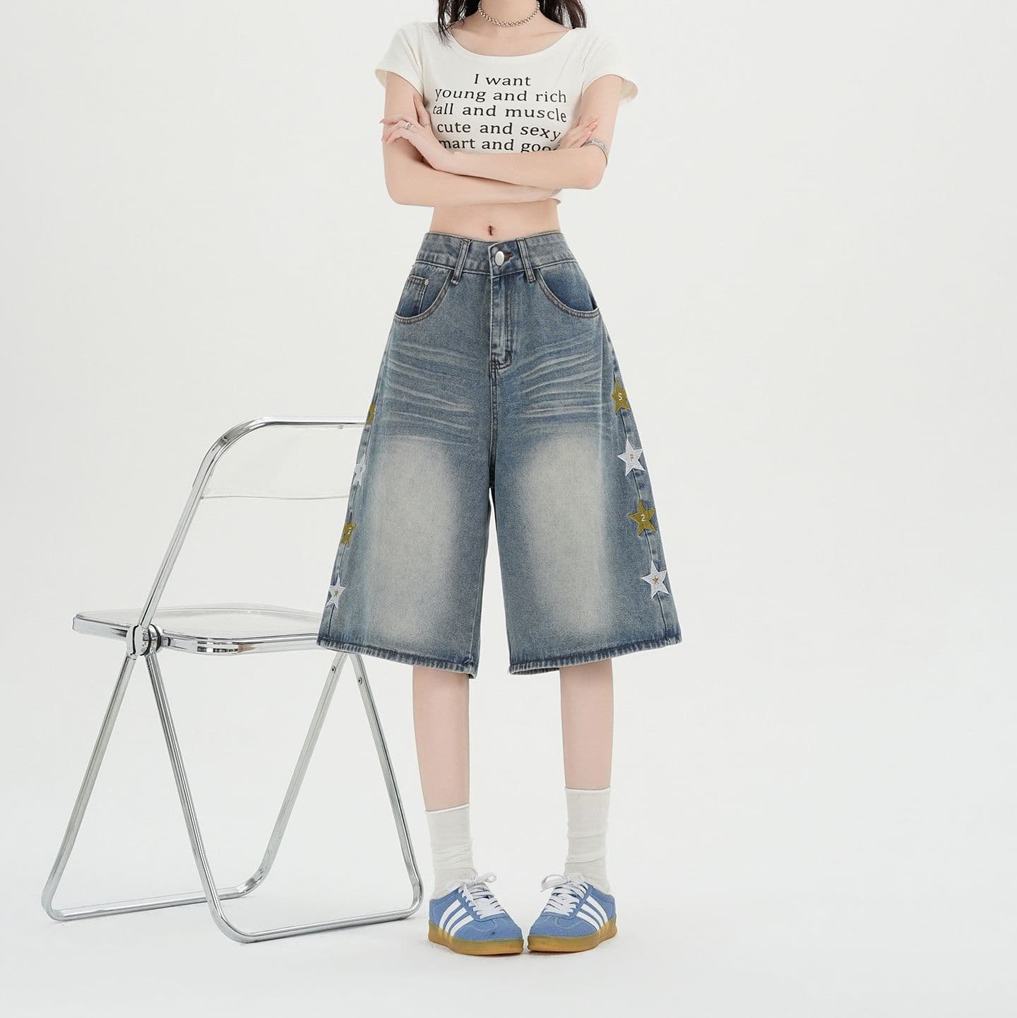 실사 정가 아메리칸 별 자수 워싱 데님 7부 바지 여성 여름 캐주얼 바지 넓은 다리가 짧다. 바지 상세 이미지 6
