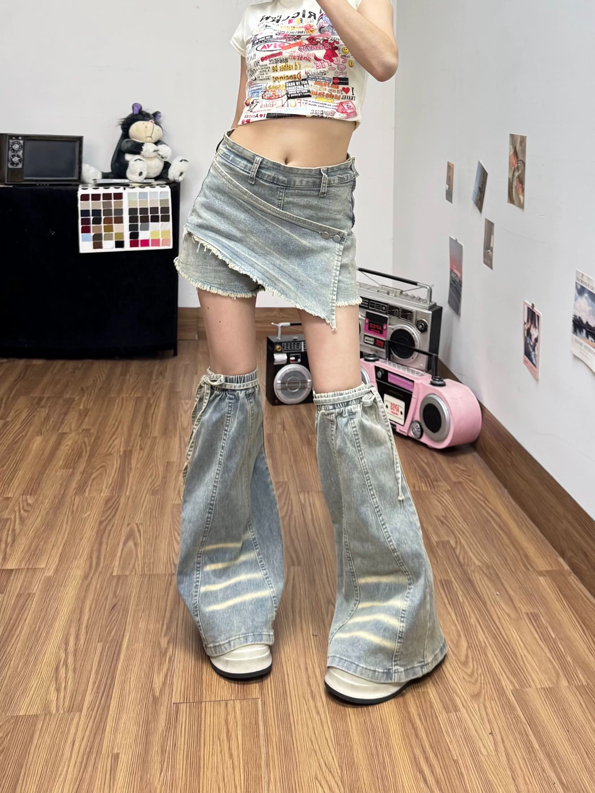 핫걸 거친 가장자리 랩스커트팬츠 데님 반바지 바지 여자 2026 여름 새로운 핫 바지 반바지 다리 세트 투피스 세트 이미지 2