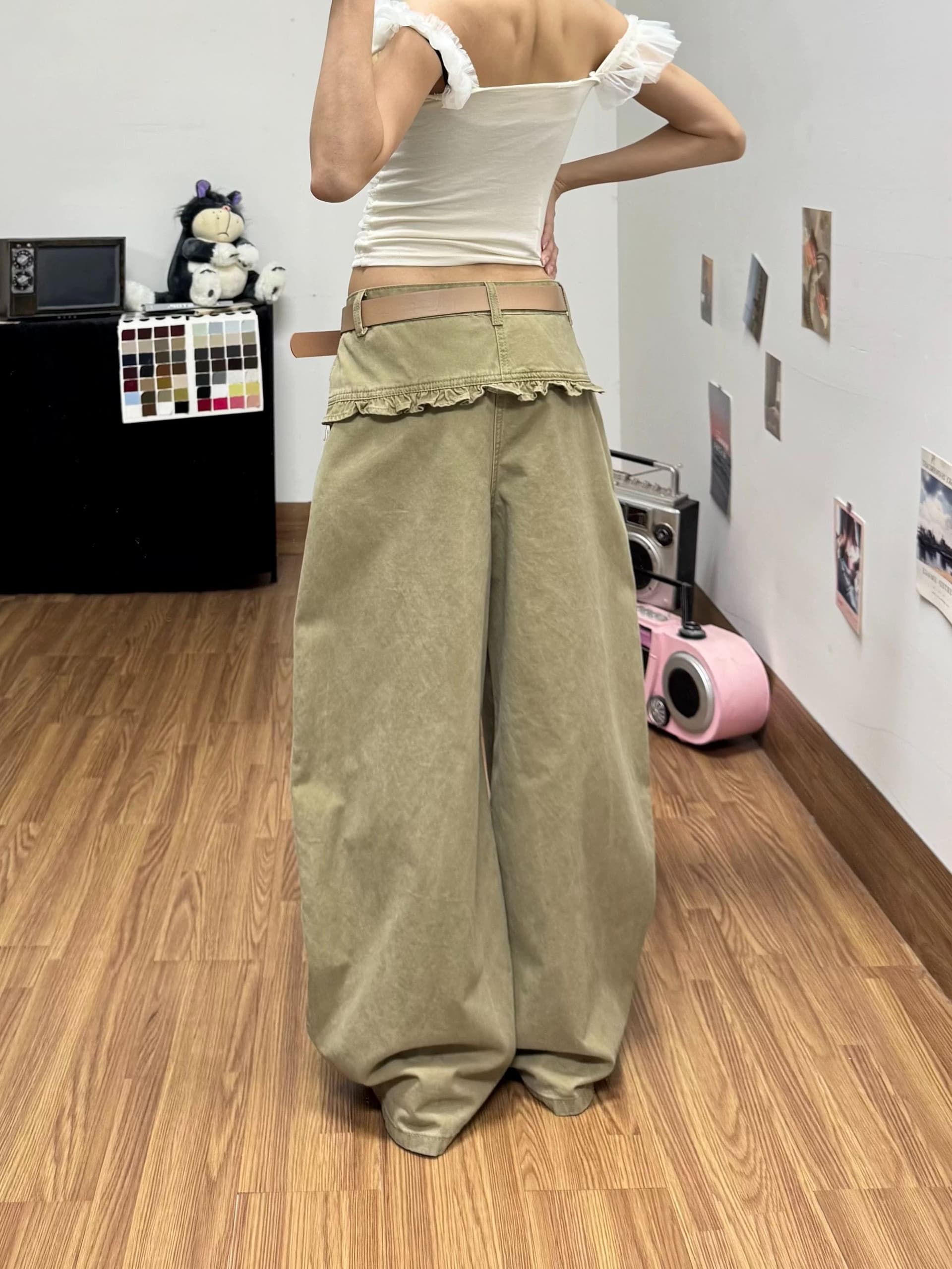 레트로 마 오래된 레이스 랩스커트팬츠 넓은 다리 청바지 바지 여자 2026 여름 새로운 루즈핏 슬림해 보이는 바닥 청소 바지 이미지 2