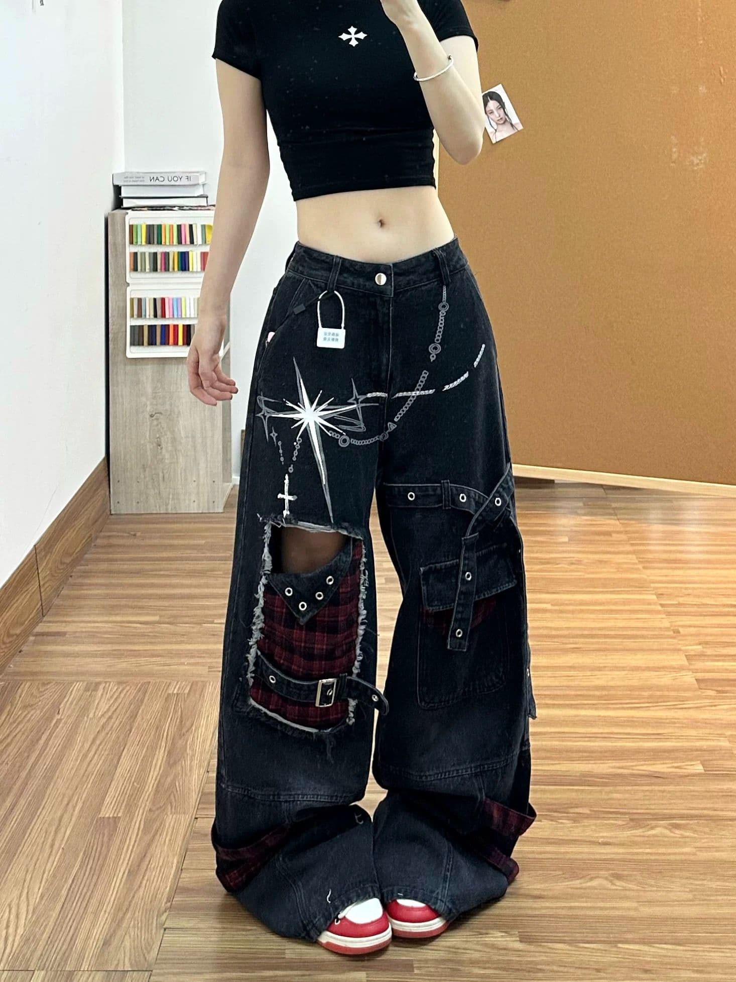 아시아 인 텍스트 착용 가져 가라. y2k 검정색 찢어진 부분 청바지 바지 여자 2026 여름 새로운 하이웨이스트 넓은 다리 스트레이트 팬츠 상세 이미지 3