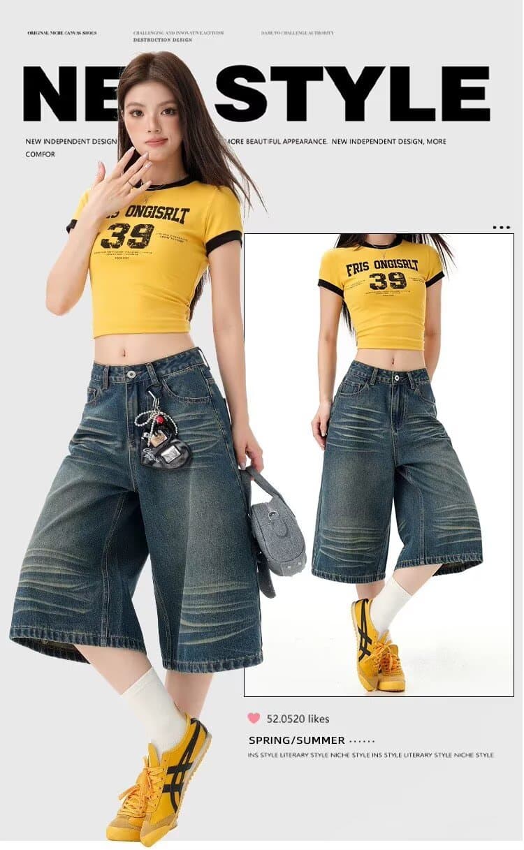 아메리칸 음악 완방 워싱 레트로 넓은 다리 7 점 데님 바지 여성 여름 반바지 하이웨이스트 루즈핏 스트레이트 바지 상세 이미지 2