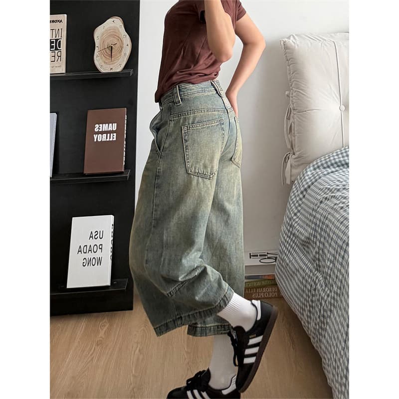 노스탤지어 워싱 데님 프로필 모양 7부 바지 여성 여름 새로운 넓은 다리 스트레이트 데님 캐주얼 바지 상세 이미지 3