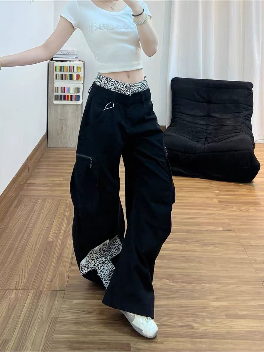 아메리칸 거리 레오파드 무늬 패치워크 워크웨어 청바지 바지 여자 2026 여름 새로운 십자가 모통이 칼 긴 바지 상세 이미지 4