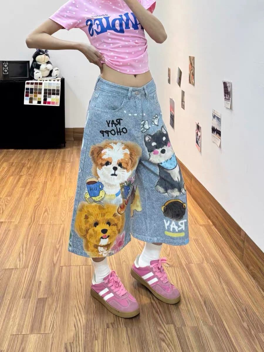 아메리칸 하늘색 동물 낙서 데님 7부 바지 바지 여자 2026 여름 새로운 디자인 센스 넓은 다리가 짧다. 바지 상세 이미지 4