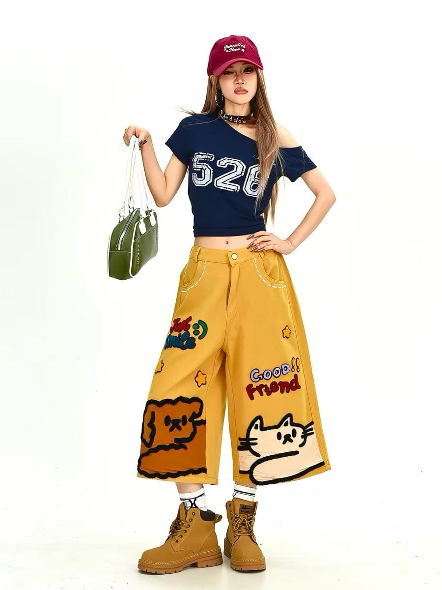 만화 고양이 개 데님 7부 바지 여성 2026 여름 새로운 루즈핏 bf 아메리칸 레트로 와이드 레그 팬츠 트렌디 이미지 2