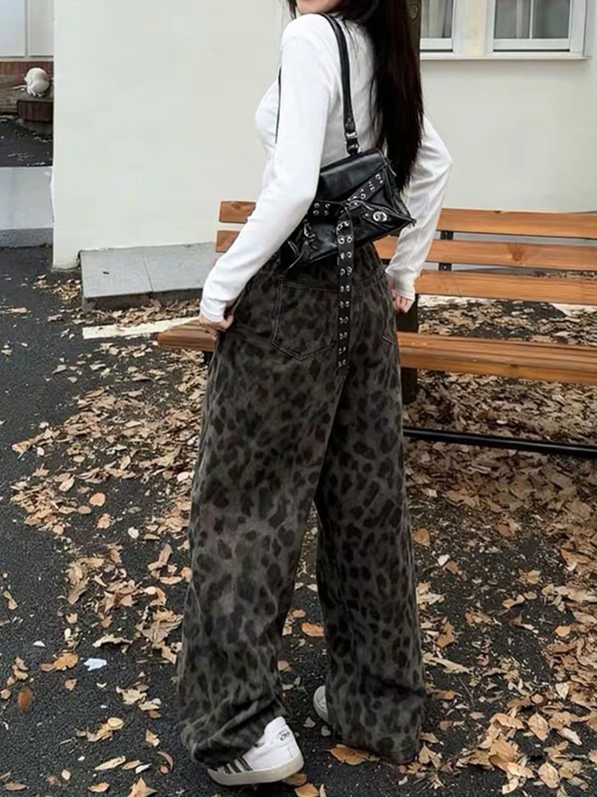 아메리칸 레트로 레오파드 무늬 모통이 칼 청바지 여성 핫걸 하이웨이스트 루즈핏 갤러리 종류 넓은 다리 바닥 청소 긴 바지 트렌디 상세 이미지 4