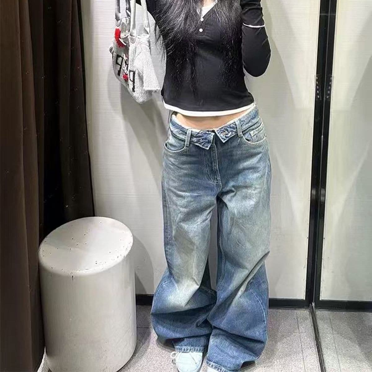 아메리칸 레트로 워싱 마 오래된 뒤집다 허리 머리 디자인 청바지 여성 루즈핏 넓은 다리 바닥 청소 작은 대중 긴 바지 트렌디 이미지 5