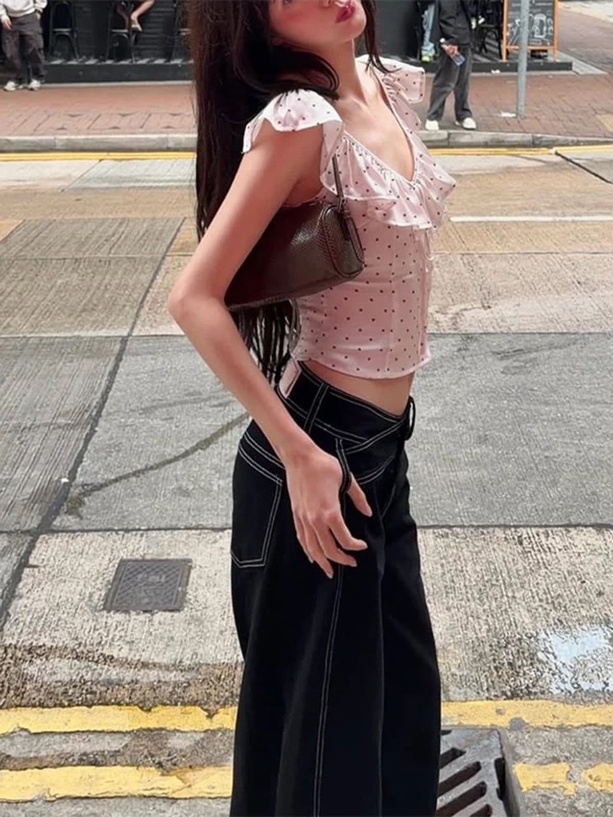 검정색 원본 암소 청바지 여성 봄 여름 하이웨이스트 슬림해 보이는 루즈핏 와이드 레그 팬츠 바지 이미지 3