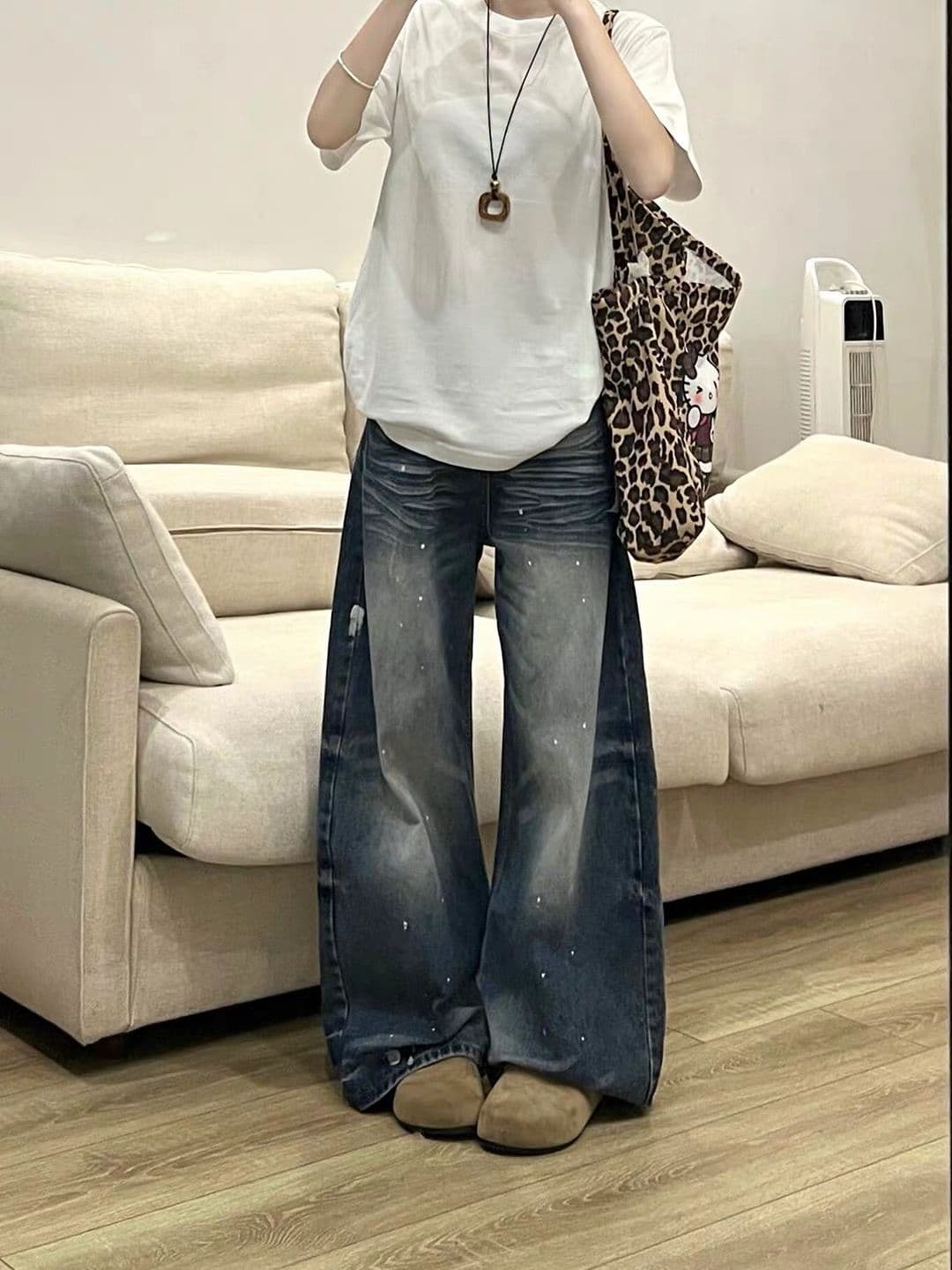 아메리칸 레트로 마 오래된 먹물 하이웨이스트 넓은 다리 청바지 여성 루즈핏 슬림해 보이는 도루 센스 스트레이트 바닥 청소 바지 이미지 2