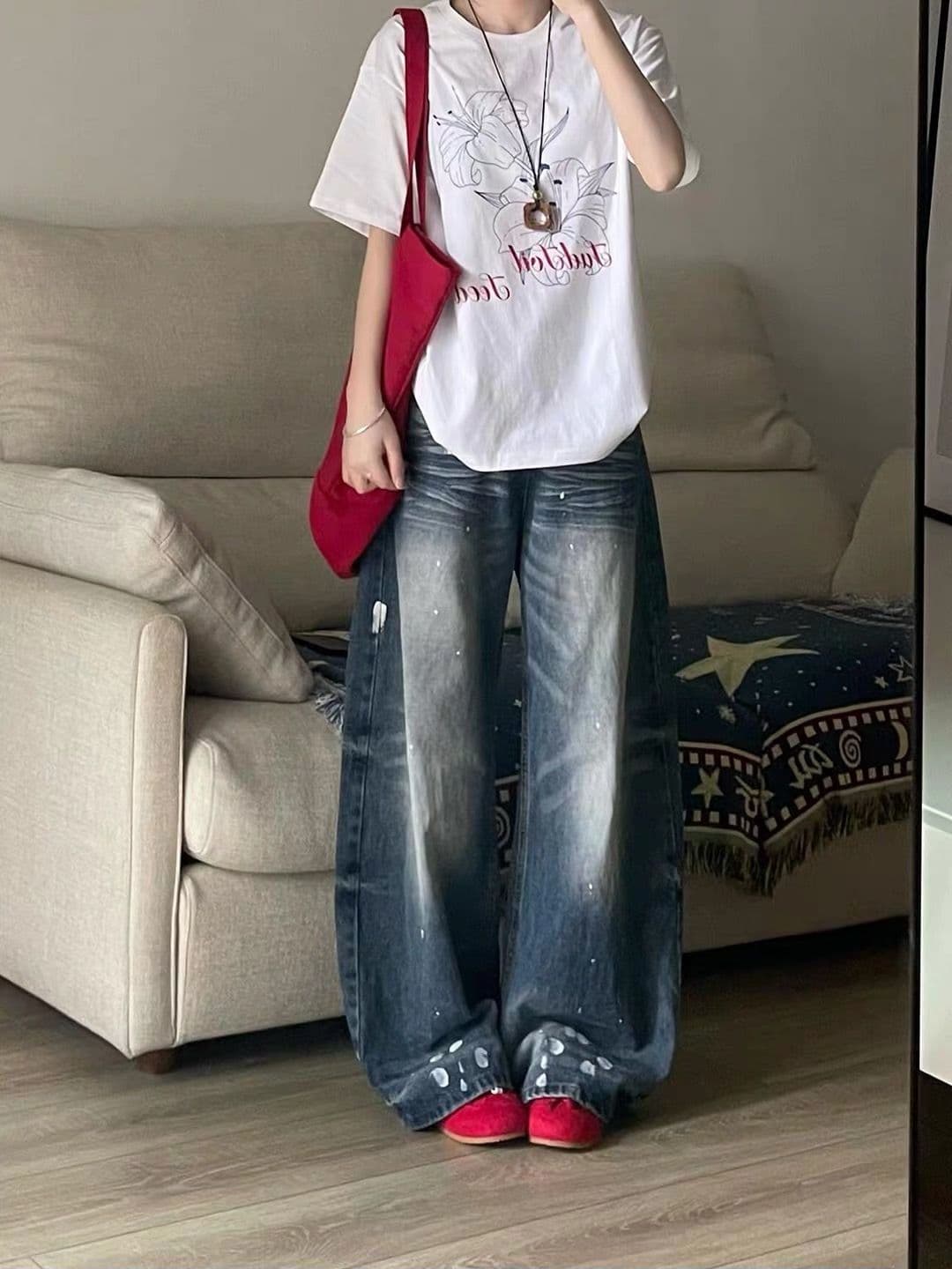 아메리칸 레트로 마 오래된 먹물 하이웨이스트 넓은 다리 청바지 여성 루즈핏 슬림해 보이는 도루 센스 스트레이트 바닥 청소 바지 이미지 3