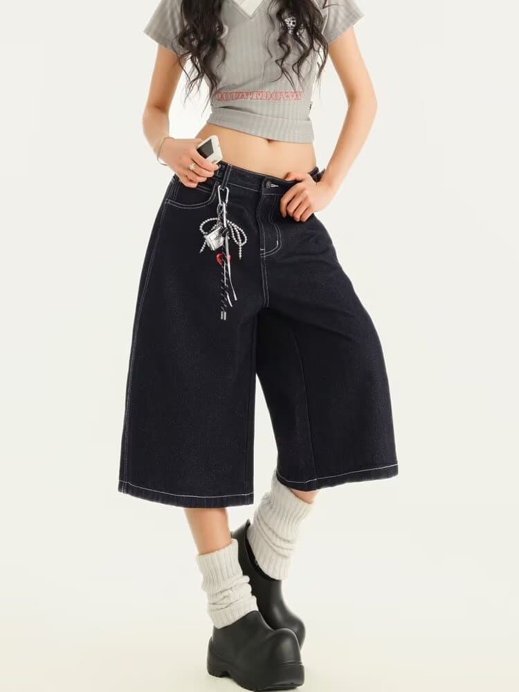 여름 ootd 넓은 다리 7 점 청바지 여성 새로운 빅 사이즈 지방 mm 배 모양 몸 슬림해 보이는 루즈핏 스트레이트 팬츠 이미지 3