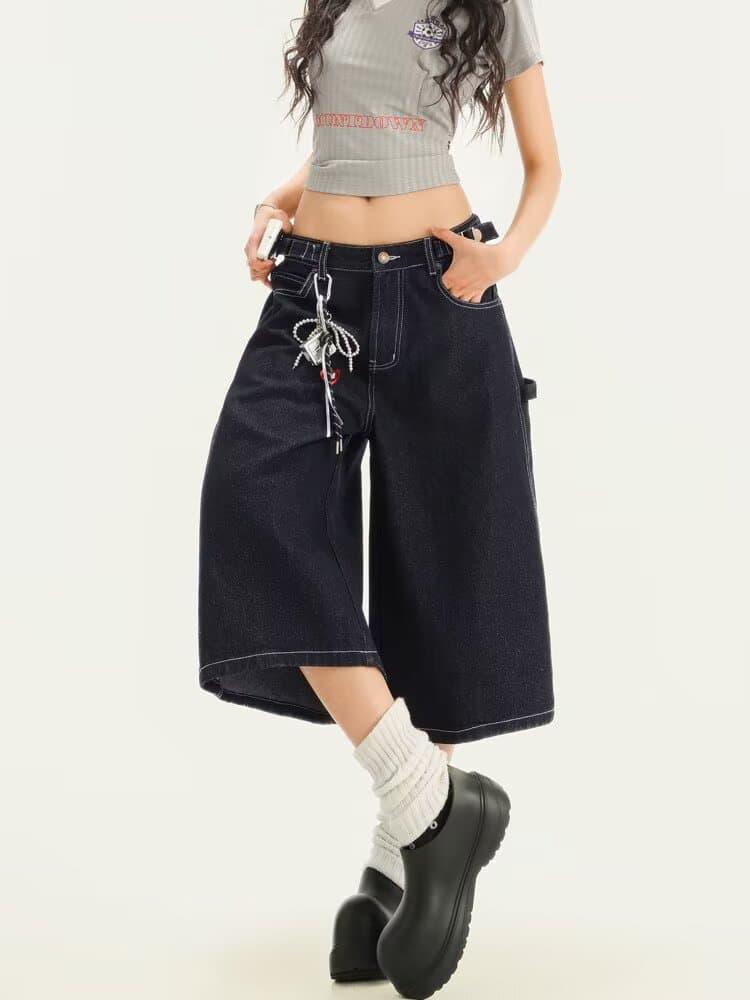 아메리칸 ootd 레트로 데님 바지 여성 여름 새로운 하이웨이스트 작은 키 스트레이트 와이드 레그 팬츠 7 점 바지 상세 이미지 3