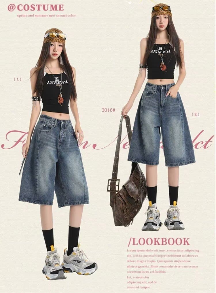 아메리칸 새로운 비전 캐주얼 스트레이트 데님 바지 여성 여름 얇은 스타일 루즈핏 빅 사이즈 슬림해 보이는 넓은 다리 5 점 청바지 상세 이미지 8