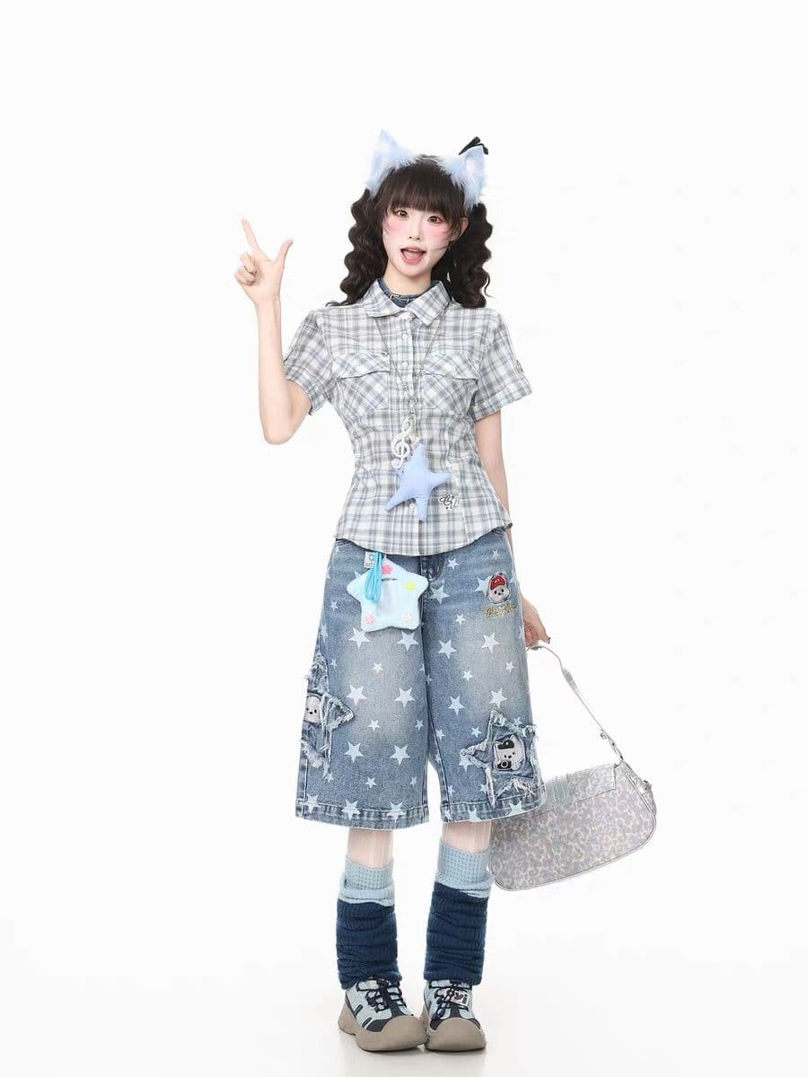 별 전체 인쇄 자수 넓은 발 청바지 여성 여름 레트로 7부 바지 상세 이미지 5