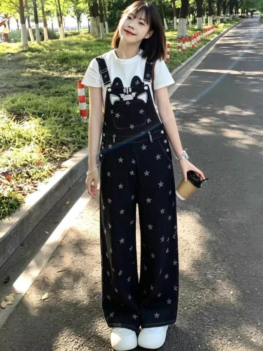 레트로 새끼 고양이 별 프린트 루즈핏 스트레이트 데님 멜빵 바지 여성 달콤한 차가운 바람 연령 감소 캐주얼 긴 바지 여름 새로운 상세 이미지 1