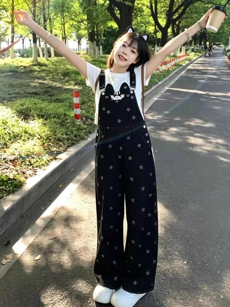 레트로 새끼 고양이 별 프린트 루즈핏 스트레이트 데님 멜빵 바지 여성 달콤한 차가운 바람 연령 감소 캐주얼 긴 바지 여름 새로운 상세 이미지 2