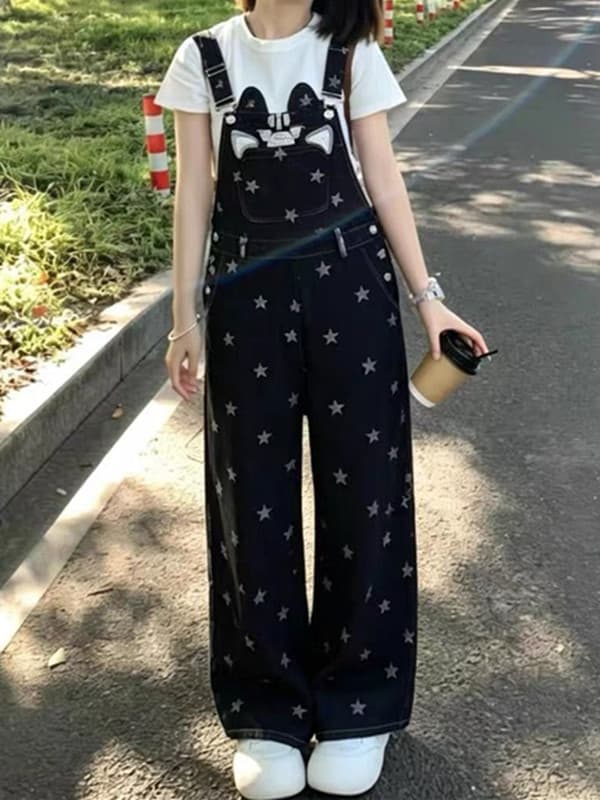 레트로 새끼 고양이 별 프린트 루즈핏 스트레이트 데님 멜빵 바지 여성 달콤한 차가운 바람 연령 감소 캐주얼 긴 바지 여름 새로운