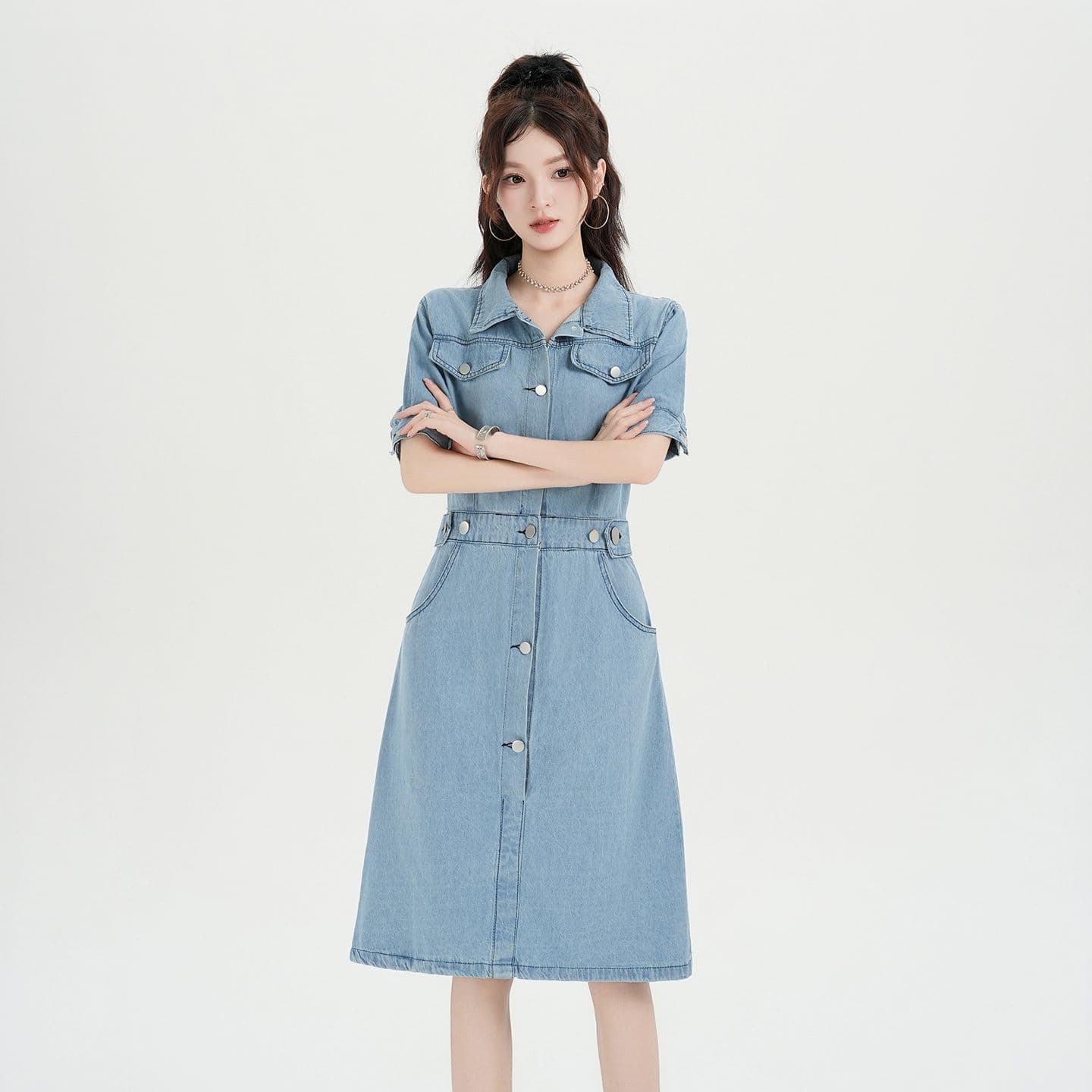 실사 정가 레트로 데님 여성 드레스 여름 고급 센스 허리 수축 슬림해 보이는 품격 연령 감소 캐주얼 치마 상세 이미지 5