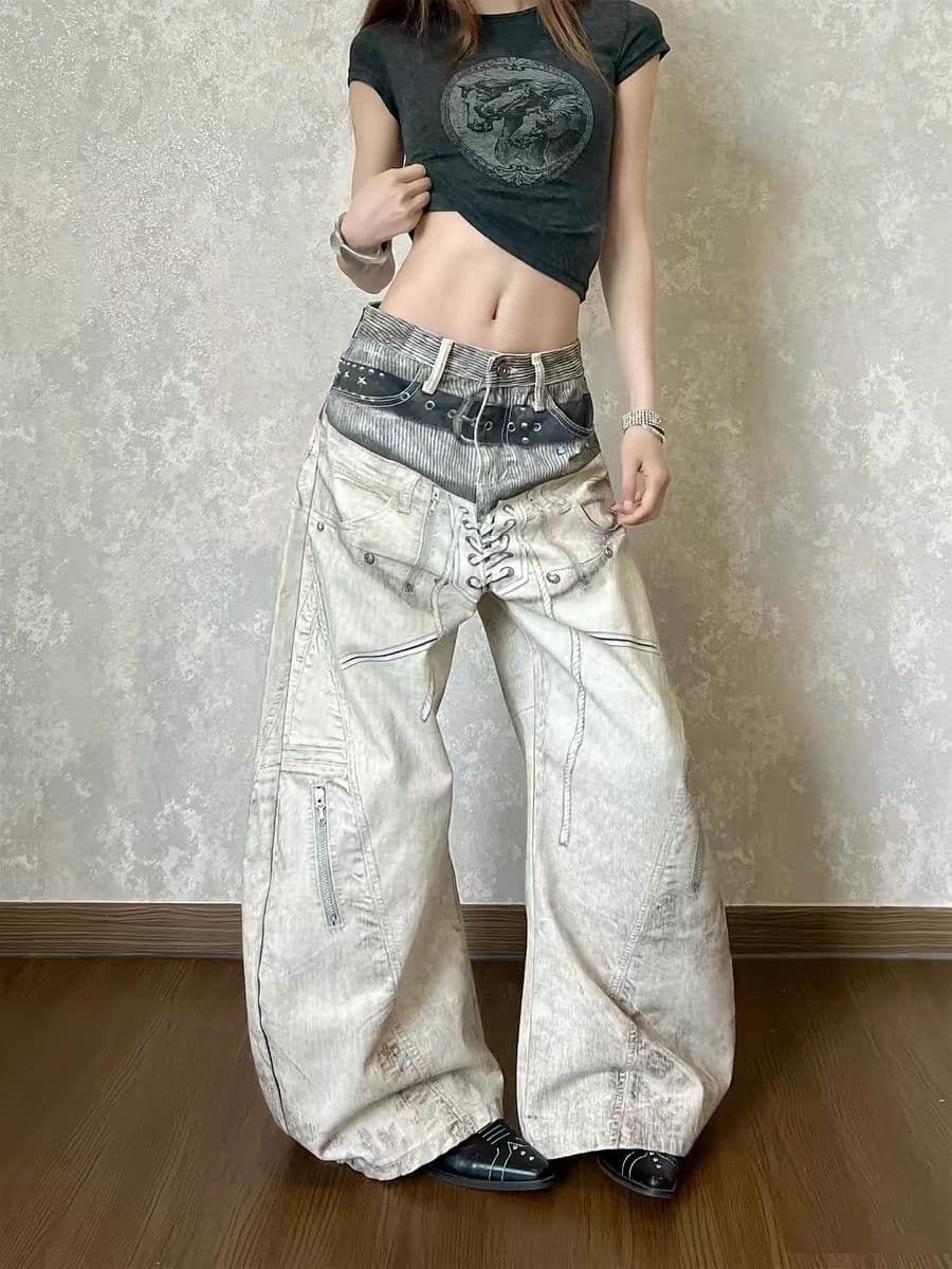 아메리칸 거리 이문화 디지털 프린트 허리 머리 스트랩 청바지 여성 여름 루즈핏 넓은 다리 길이 바지 상세 이미지 2