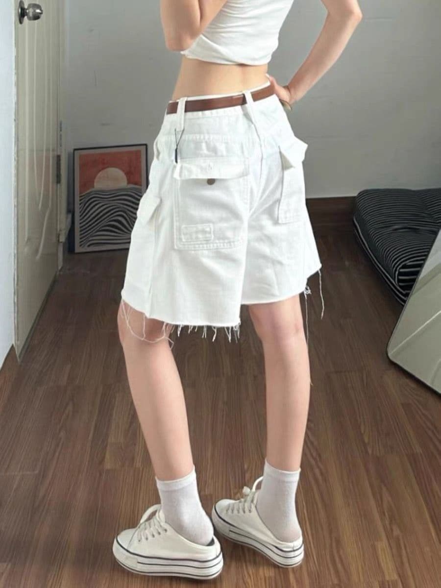 아메리칸 높음 거리 빅 포켓 거친 가장자리 워크웨어 5 점 반바지 여성 핫걸 루즈핏 느긋한 화이트 데님 넓은 다리 바지 상세 이미지 2
