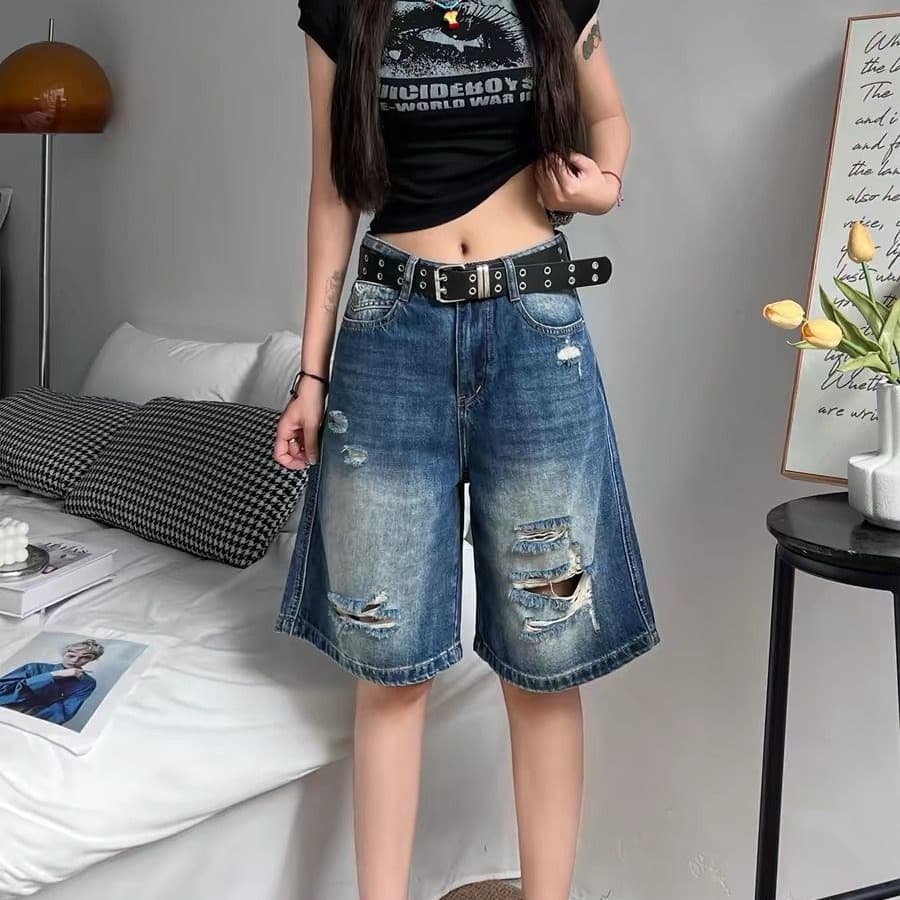 아메리칸 레트로 찢어진 부분 넓은 다리 5 점 데님 반바지 여성 2026 여름 새로운 루즈핏 슬림해 보이는 배 종류 스트레이트 바지 이미지 5