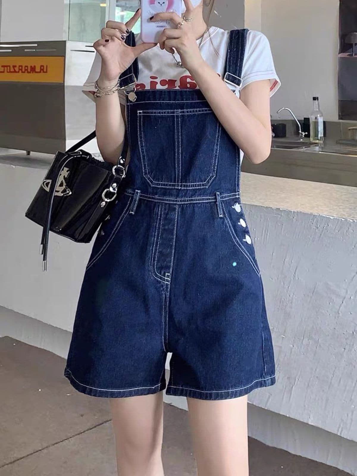 데님 멜빵 반바지 여성 여름 얇은 스타일 한국 스타일 루즈핏 귀여운 학생 연령 감소 작은 키 슬림해 보이는 스트레이트 올인원 바지 상세 이미지 5