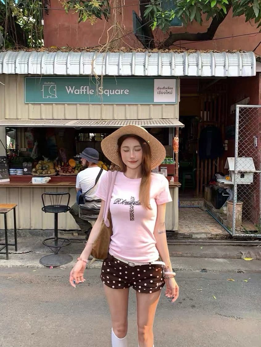 아메리칸 레트로 도트 무늬 전체 인쇄 3 점 바지 여성 여름 알파벳 자수 핫걸 스트레이트 짧은 바지 이미지 3