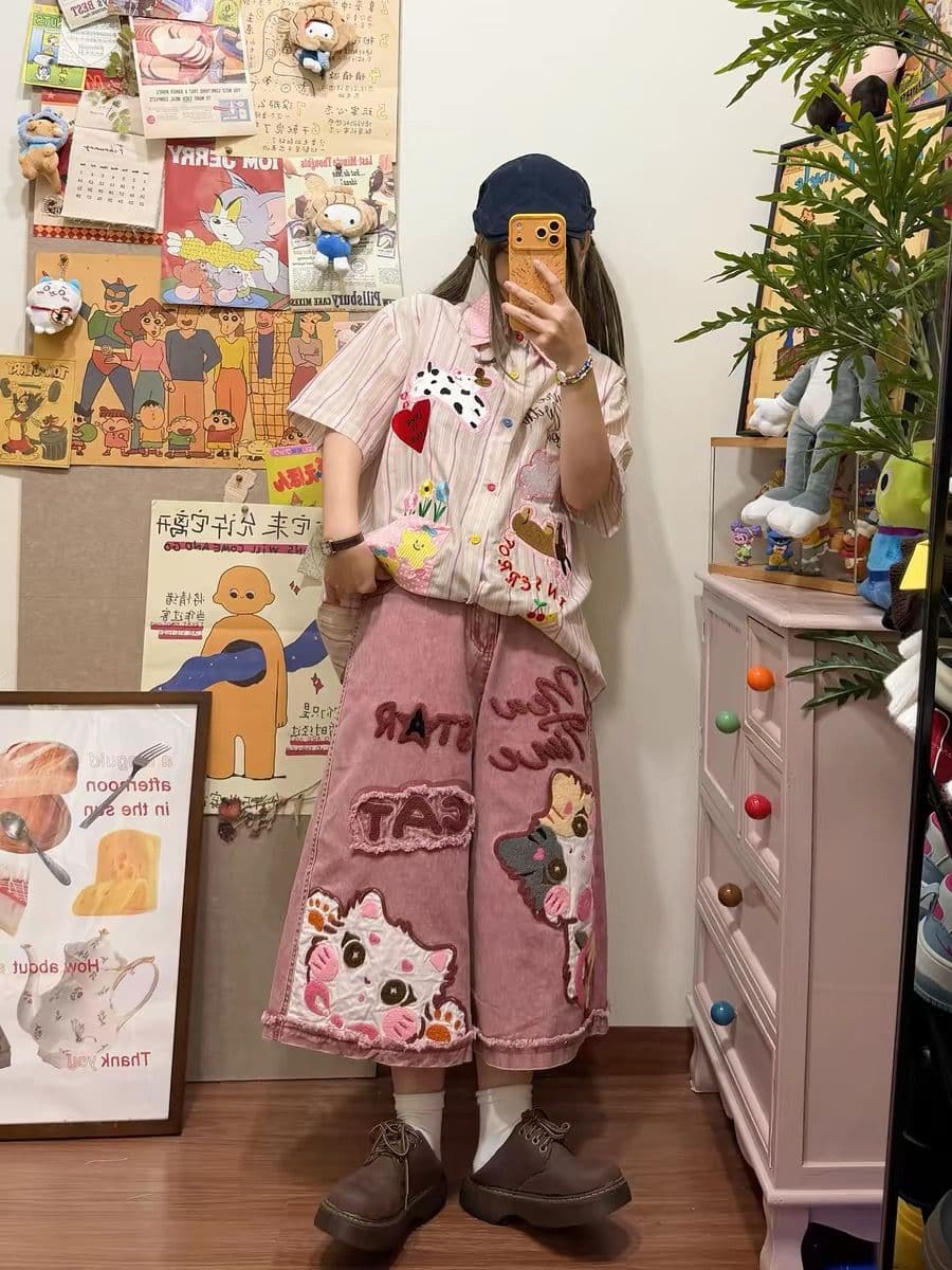 아메리칸 만화 바람 새끼 고양이 자수 데님 와이드 레깅스 바지 여름 루즈핏 7부 바지 캐주얼 바지 핑크색 상세 이미지 2