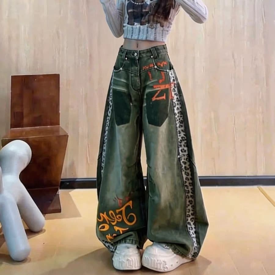 2026 새로운 아메리칸 레트로 프린트 넓은 다리 청바지 여성 하이웨이스트 슬림해 보이는 모통이 칼 바지 디자인 센스 긴 바지 이미지 5