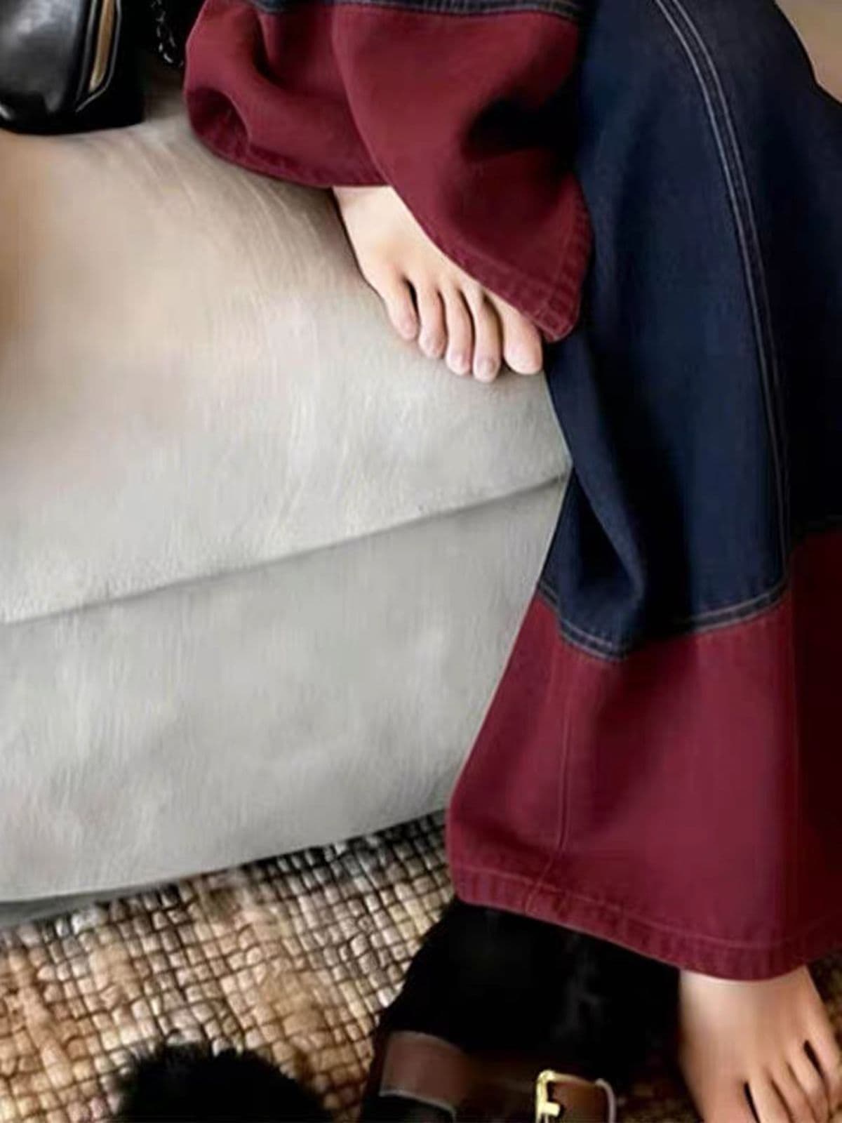 아메리칸 레트로 Chic 배색 패치워크 데님 와이드 레깅스 바지 여름 새로운 디자인 센스 하이웨이스트 루즈핏 캐주얼 바지 이미지 3