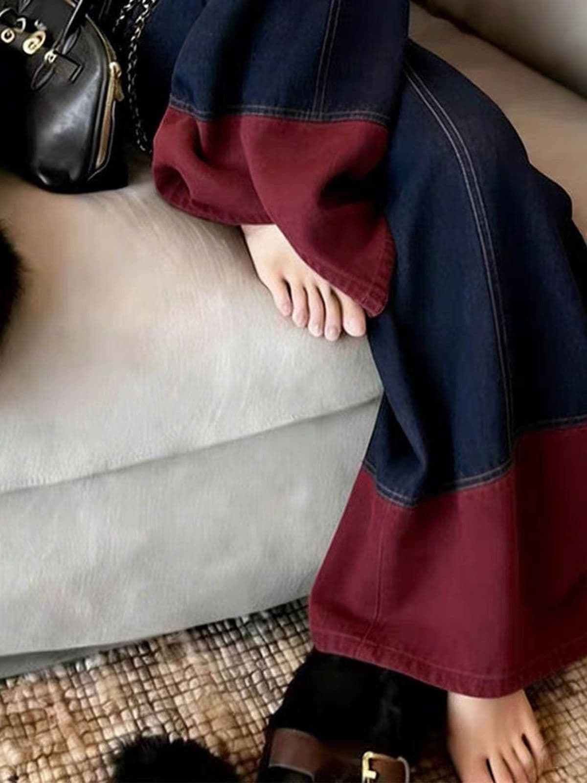 아메리칸 레트로 Chic 배색 패치워크 데님 와이드 레깅스 바지 여름 새로운 디자인 센스 하이웨이스트 루즈핏 캐주얼 바지 이미지 4