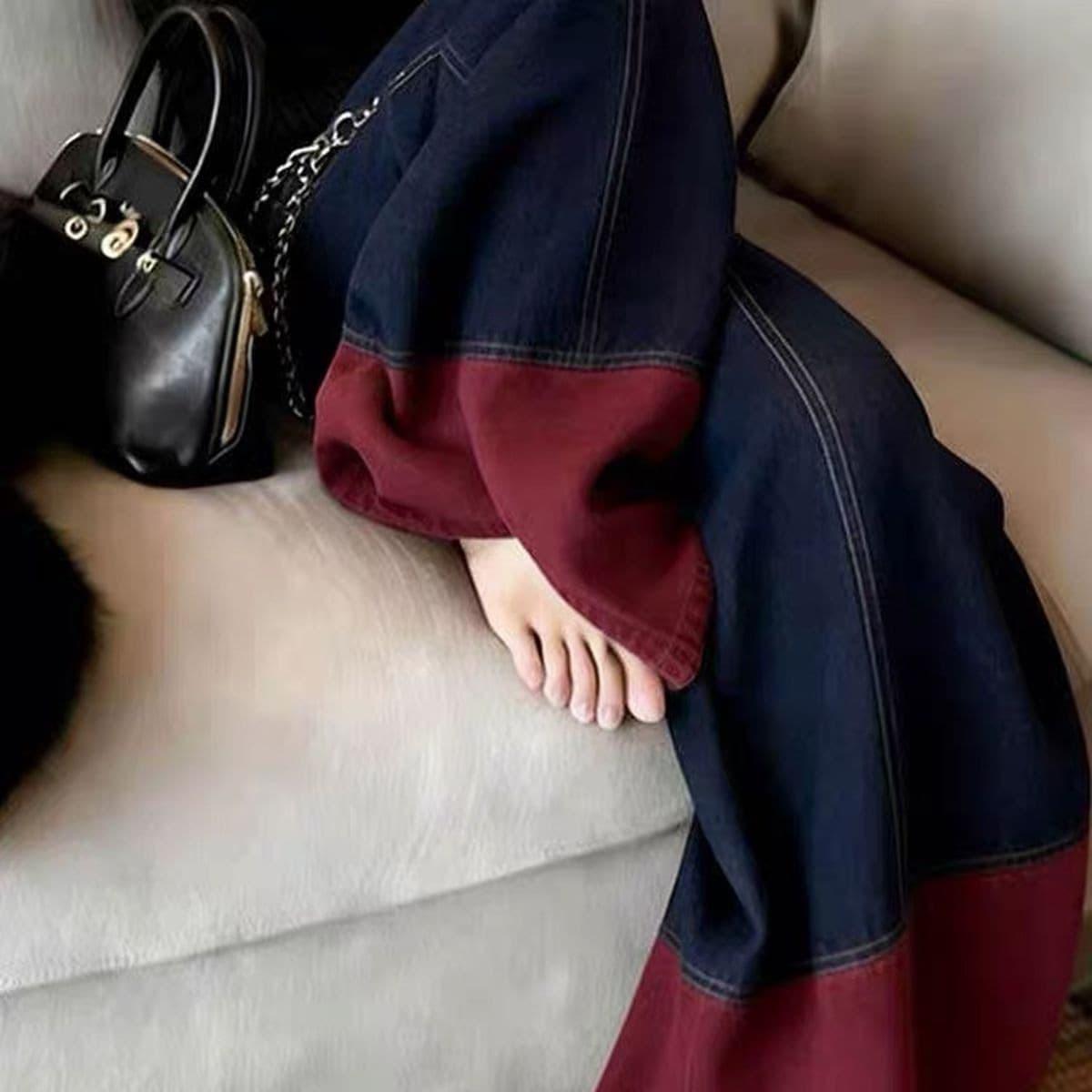 아메리칸 레트로 Chic 배색 패치워크 데님 와이드 레깅스 바지 여름 새로운 디자인 센스 하이웨이스트 루즈핏 캐주얼 바지 이미지 5