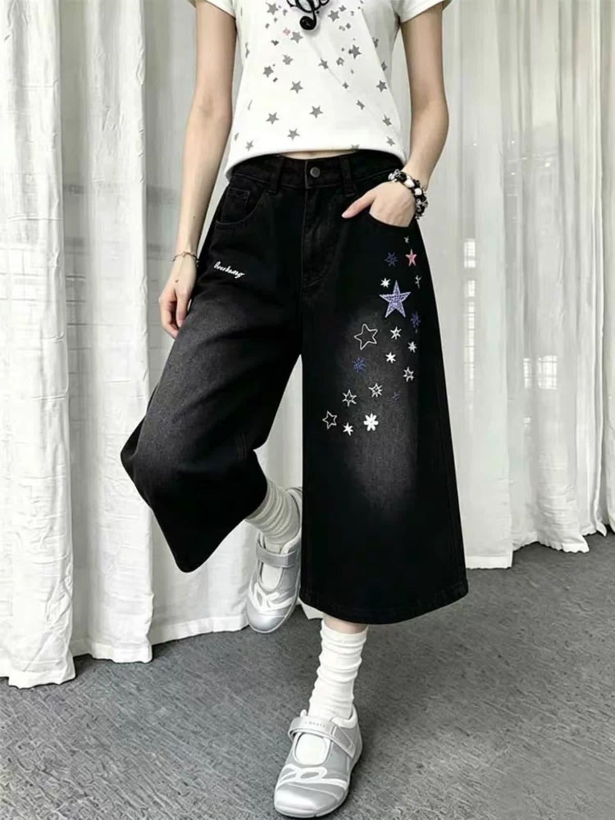 아메리칸 핫걸 별 자수 넓은 다리 데님 반바지 여성 여름 새로운 루즈핏 캐주얼 슬림해 보이는 7부 바지 바지 이미지 3
